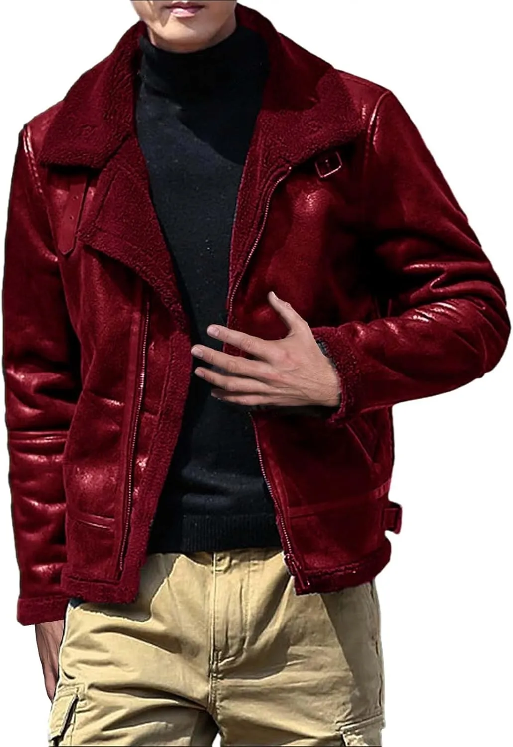 Mens Fleece Lined Jacket Faux Motorcycle Leather Jackets Winter Warm Jacket Coats Vintage Lapel Puffer Coats