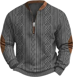 Men's Half Zip Pullover Vintage Long Sleeve Sweatshirt Elbow Patch Sweatshirt Fashion Hoodless Western Top