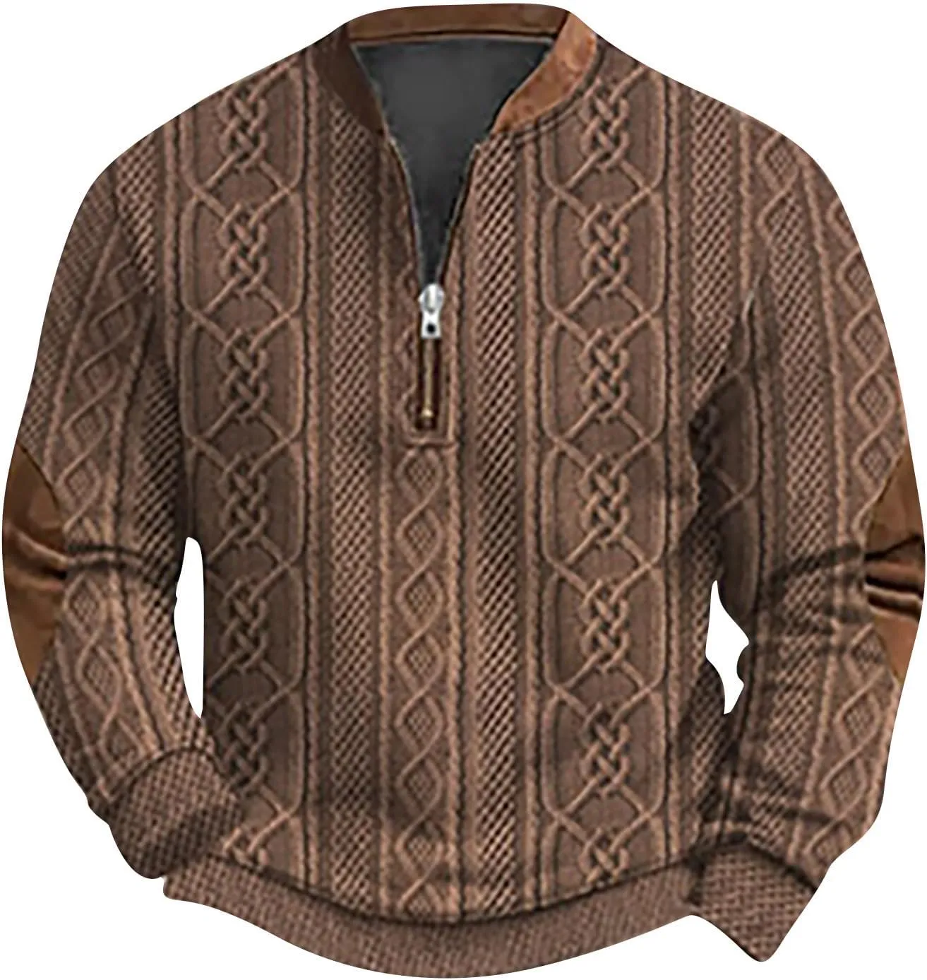 Men's Half Zip Pullover Vintage Long Sleeve Sweatshirt Elbow Patch Sweatshirt Fashion Hoodless Western Top