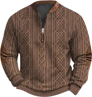 Men's Half Zip Pullover Vintage Long Sleeve Sweatshirt Elbow Patch Sweatshirt Fashion Hoodless Western Top