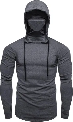 Mens Hoodie With Face Mask Turtleneck Compression Tee Tops Running Long Short Sleeve Sportwear