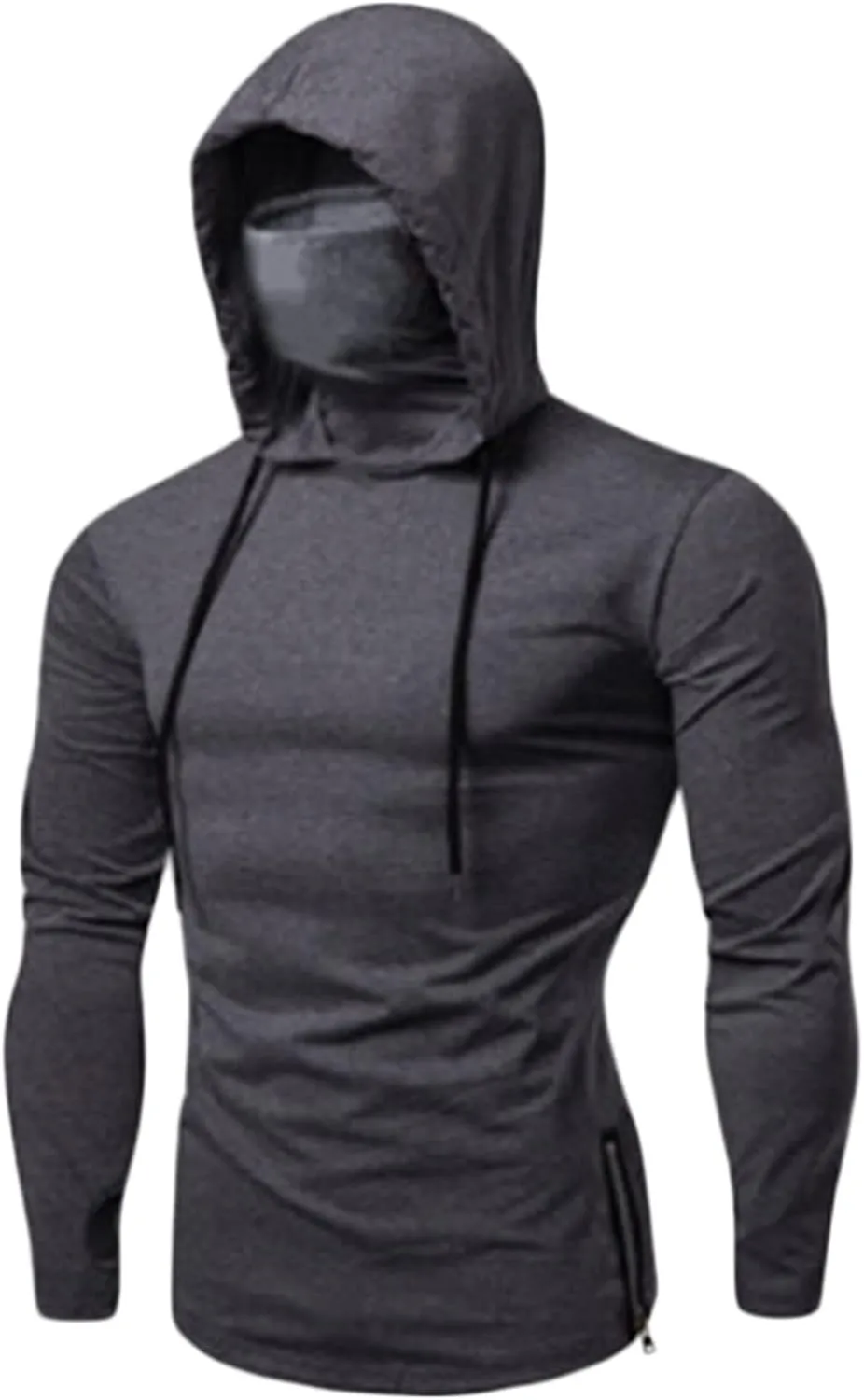 Mens Hoodie With Face Mask Turtleneck Compression Tee Tops Running Long Short Sleeve Sportwear
