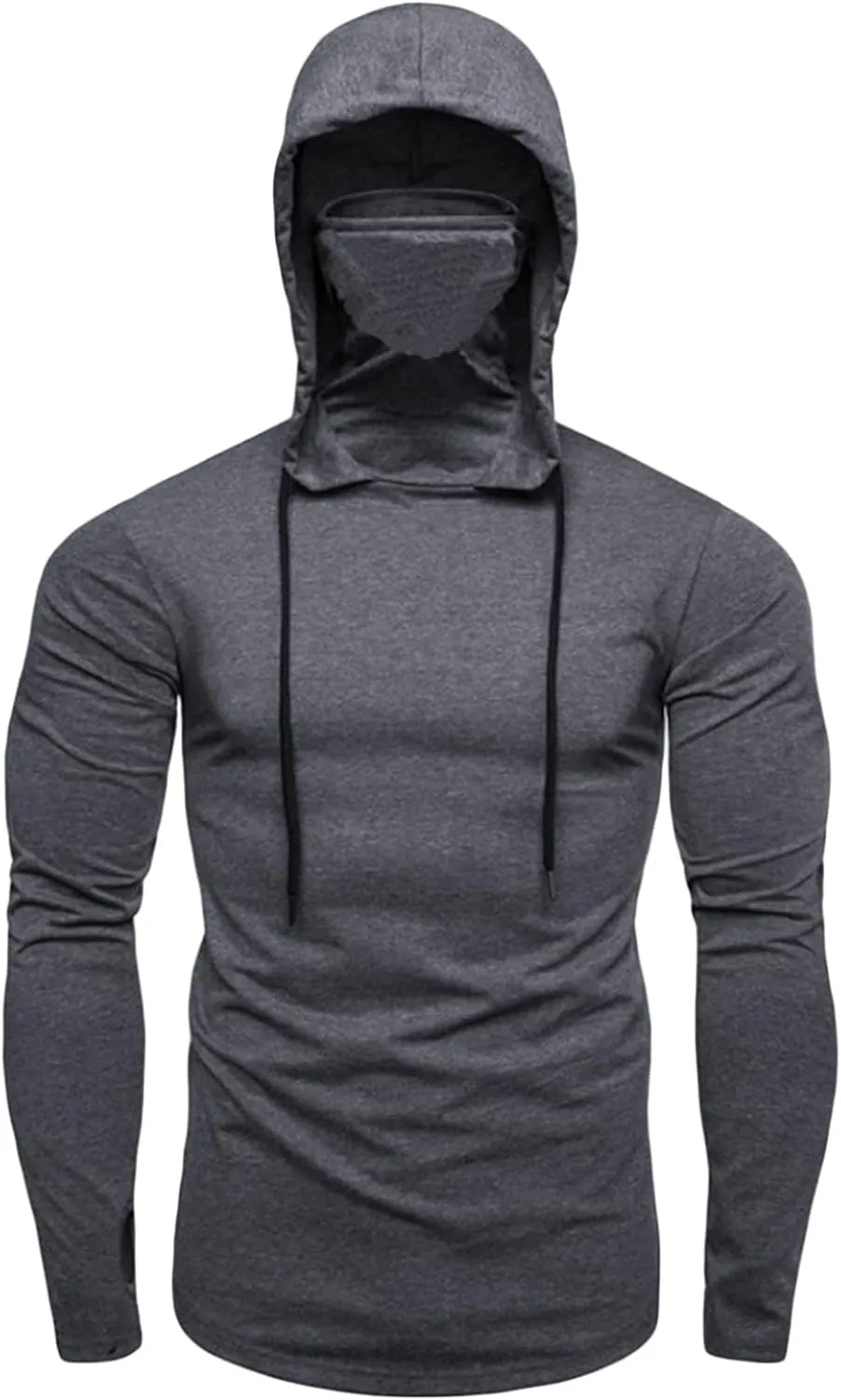 Mens Hoodie With Face Mask Turtleneck Compression Tee Tops Running Long Short Sleeve Sportwear