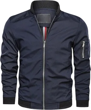 Men's Lightweight Casual Bomber Jackets Mock Neck Zip Up Baseball Varsity Coat Windproof Sportwear Cotton Jacket