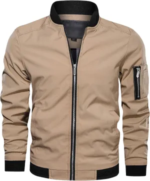 Men's Lightweight Casual Bomber Jackets Mock Neck Zip Up Baseball Varsity Coat Windproof Sportwear Cotton Jacket