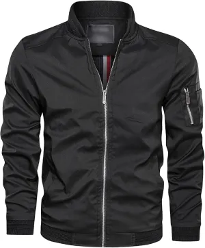 Men's Lightweight Casual Bomber Jackets Mock Neck Zip Up Baseball Varsity Coat Windproof Sportwear Cotton Jacket