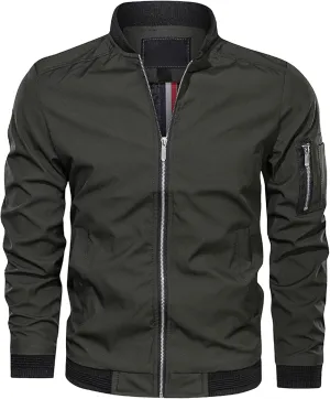 Men's Lightweight Casual Bomber Jackets Mock Neck Zip Up Baseball Varsity Coat Windproof Sportwear Cotton Jacket