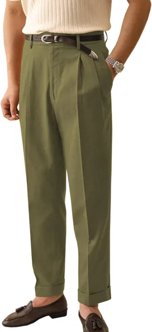 Men's Linen Dress Pants Vintage Relaxed Fit Straight Legs Linen Blend Elastic Waist Pants