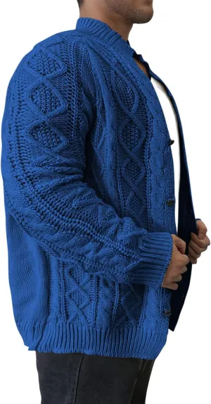 Mens Long Sleeve Stand Collar Cardigan Sweaters Button Down Cable Knitted Sweater Solid Wool Knitted Sweater Cardigan