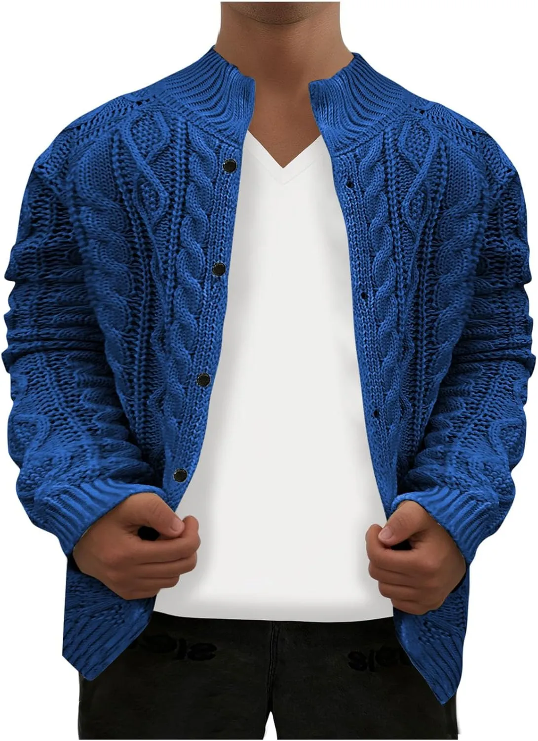 Mens Long Sleeve Stand Collar Cardigan Sweaters Button Down Cable Knitted Sweater Solid Wool Knitted Sweater Cardigan