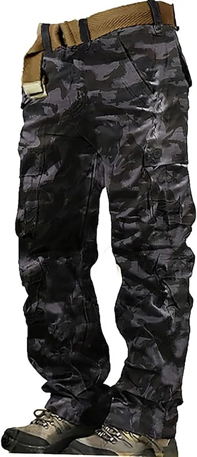 Mens Outdoor Fashion Cargo Pants Military Baggy Comfy Overalls Tactical Combat Simple Solid Color Multi-Pocket Hiking Trouser