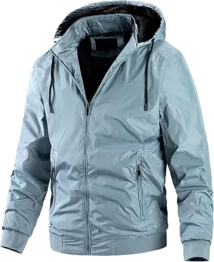 Men's Packable Hooded Bomber Jacket Lightweight Sportwear Zipper Windbreaker Business Casual Cotton Varsity Coat