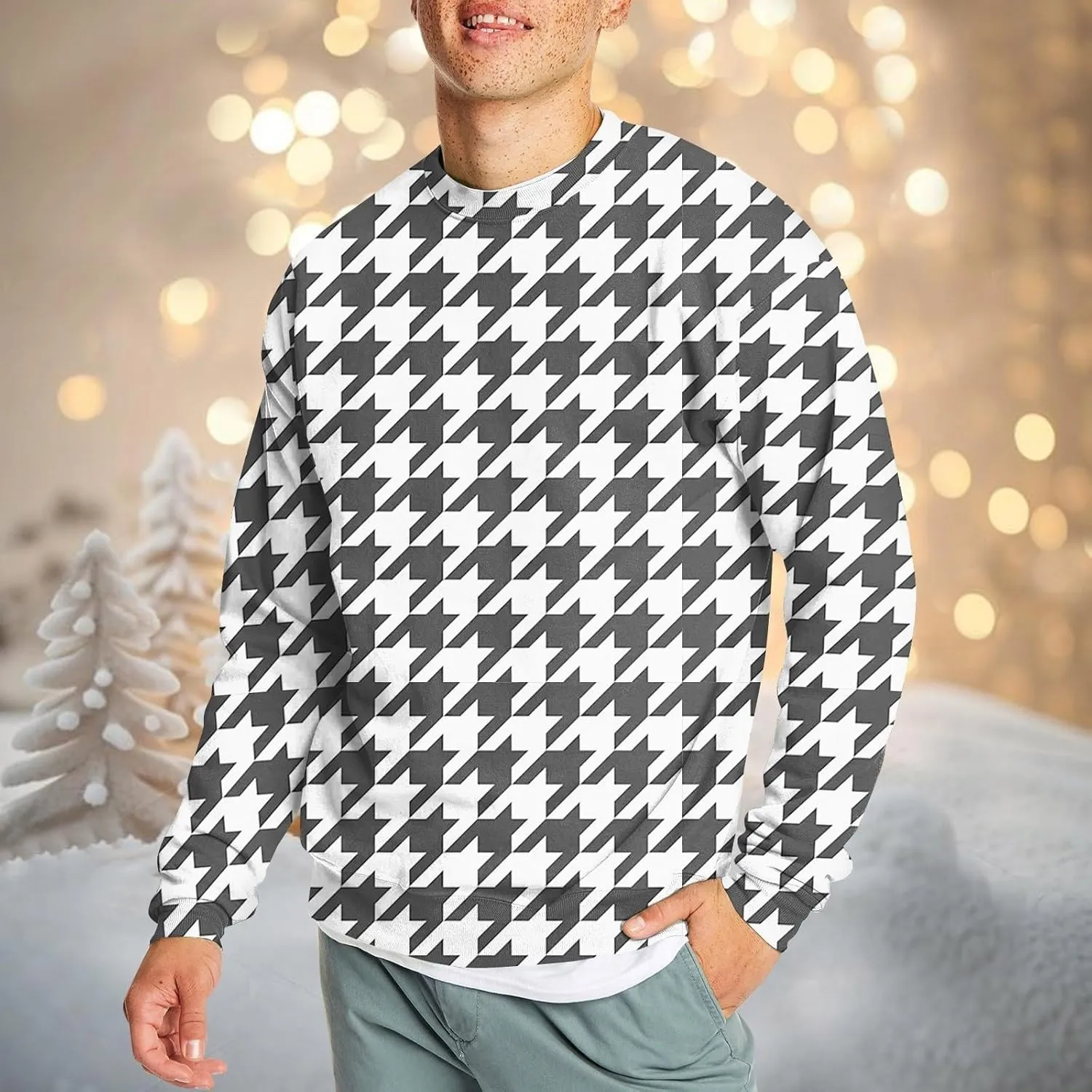 Men's Pullover Sweatshirt Novelty Plaid Print Crewneck Sweaters Plus Size Casual Long Sleeve Fall Winter Tops Outfits