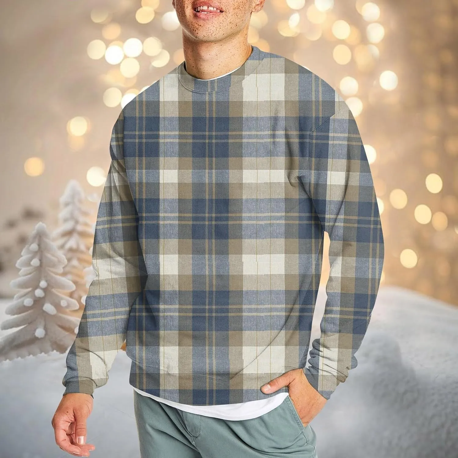 Men's Pullover Sweatshirt Novelty Plaid Print Crewneck Sweaters Plus Size Casual Long Sleeve Fall Winter Tops Outfits