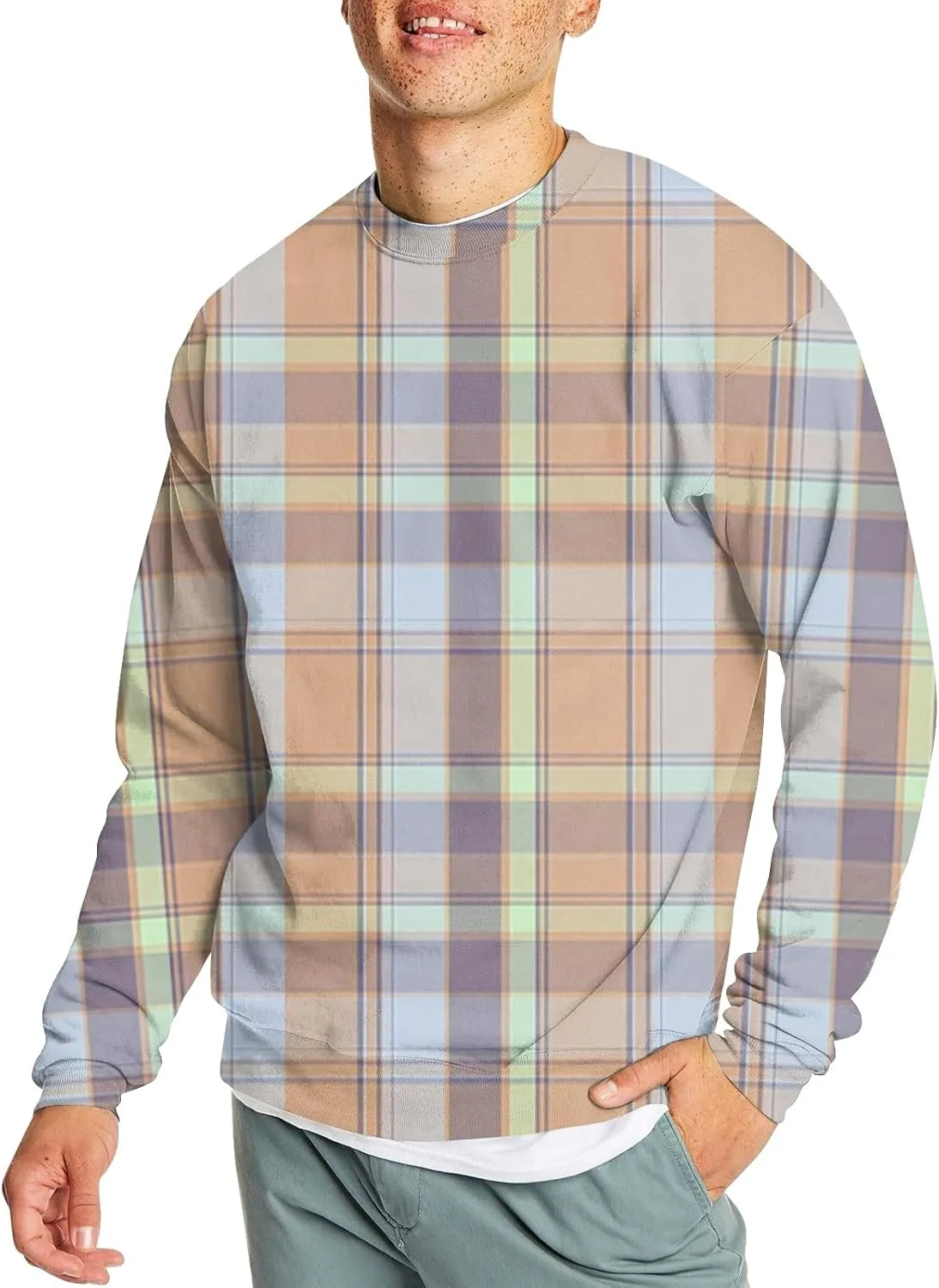 Men's Pullover Sweatshirt Novelty Plaid Print Crewneck Sweaters Plus Size Casual Long Sleeve Fall Winter Tops Outfits