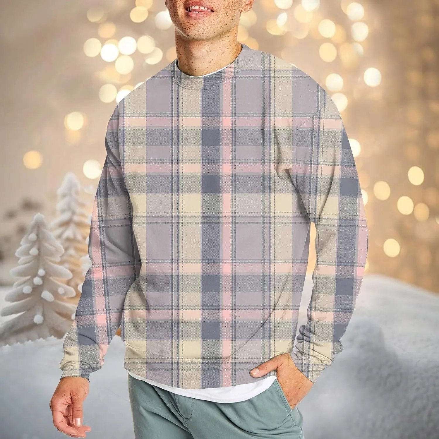 Men's Pullover Sweatshirt Novelty Plaid Print Crewneck Sweaters Plus Size Casual Long Sleeve Fall Winter Tops Outfits