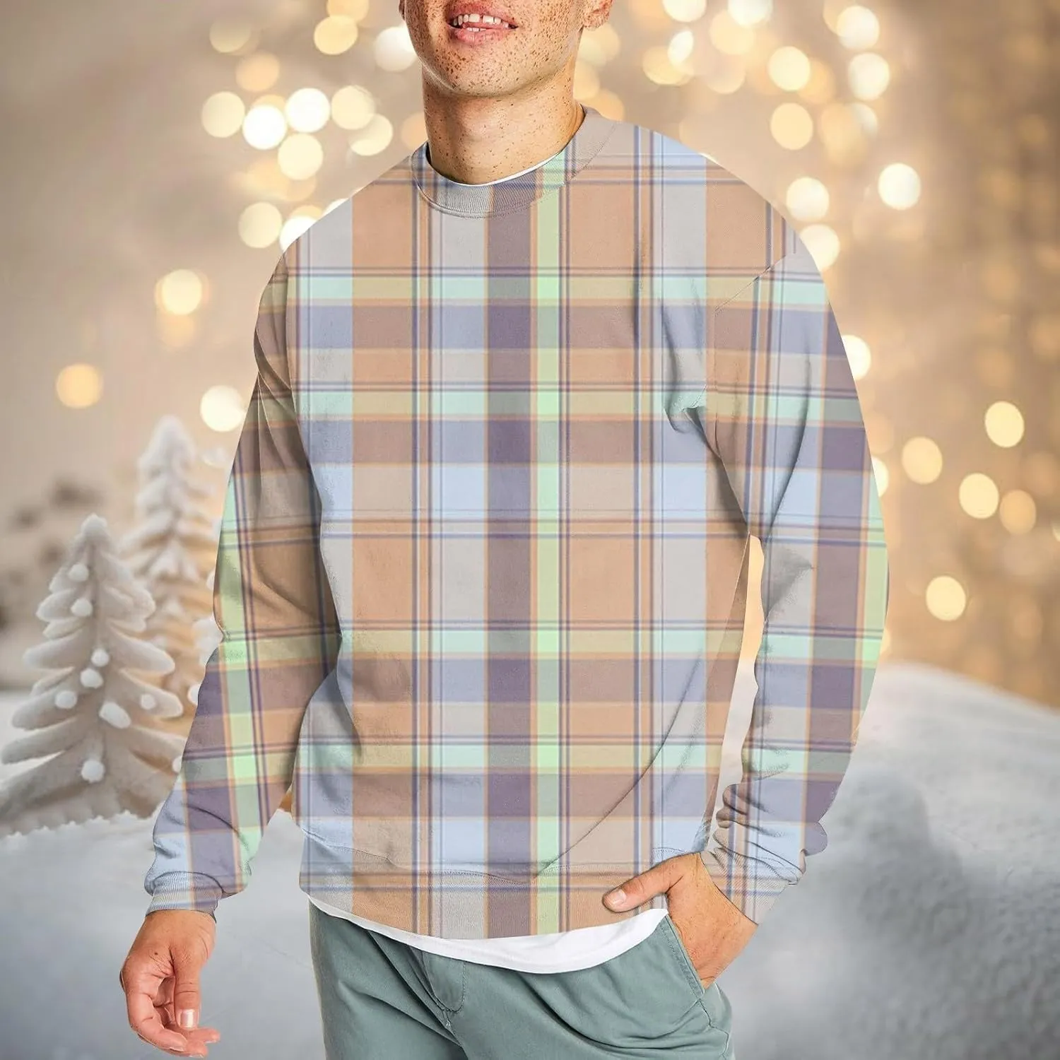 Men's Pullover Sweatshirt Novelty Plaid Print Crewneck Sweaters Plus Size Casual Long Sleeve Fall Winter Tops Outfits