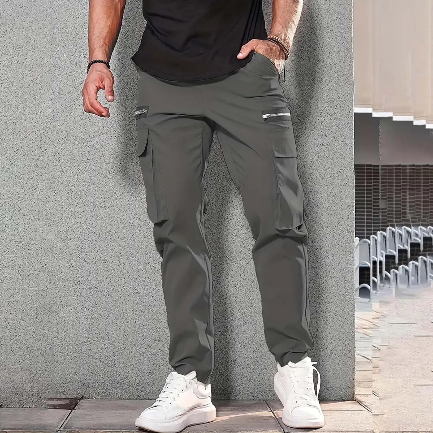 Mens Resort Wear 2025 Polyester Pants,Elastic Waist Drawstring Cargo Pants Lightweight Casual Summer Beach Trousers