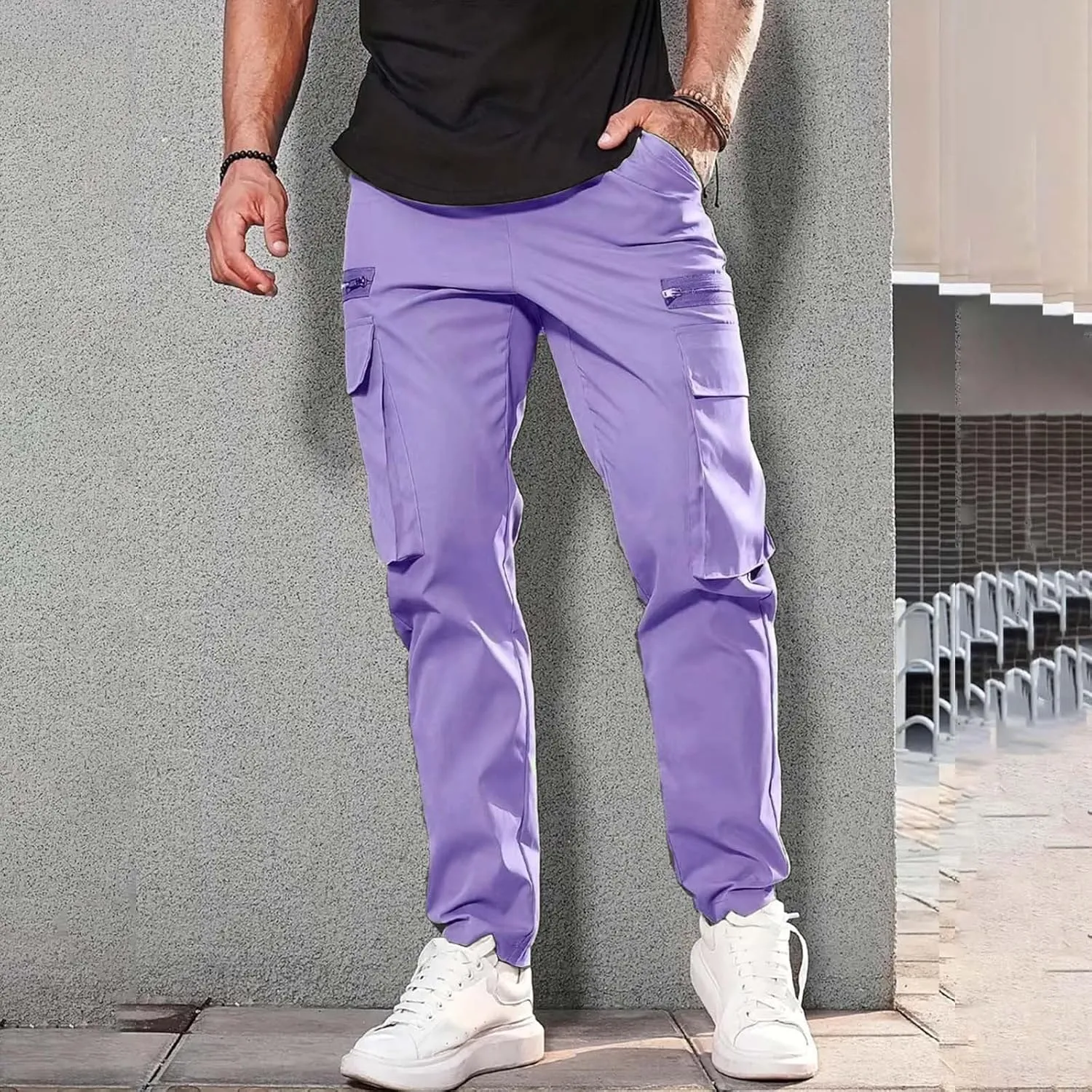 Mens Resort Wear 2025 Polyester Pants,Elastic Waist Drawstring Cargo Pants Lightweight Casual Summer Beach Trousers