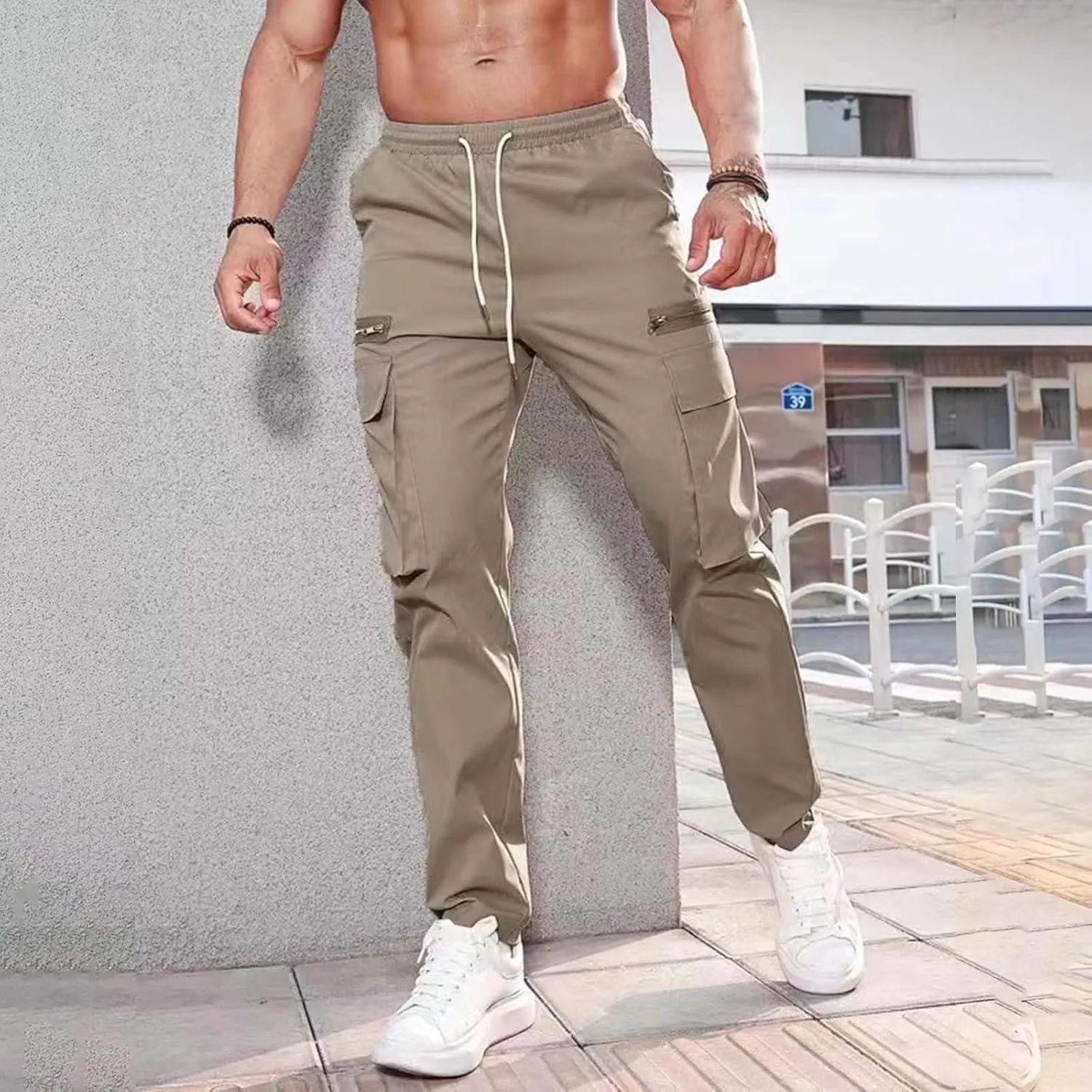 Mens Resort Wear 2025 Polyester Pants,Elastic Waist Drawstring Cargo Pants Lightweight Casual Summer Beach Trousers