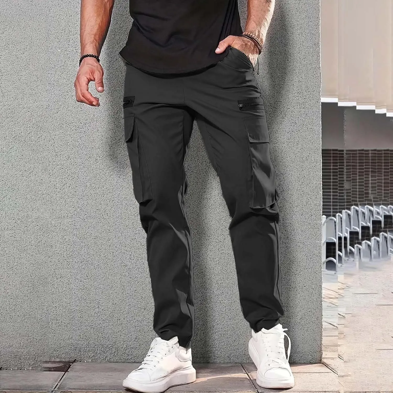 Mens Resort Wear 2025 Polyester Pants,Elastic Waist Drawstring Cargo Pants Lightweight Casual Summer Beach Trousers