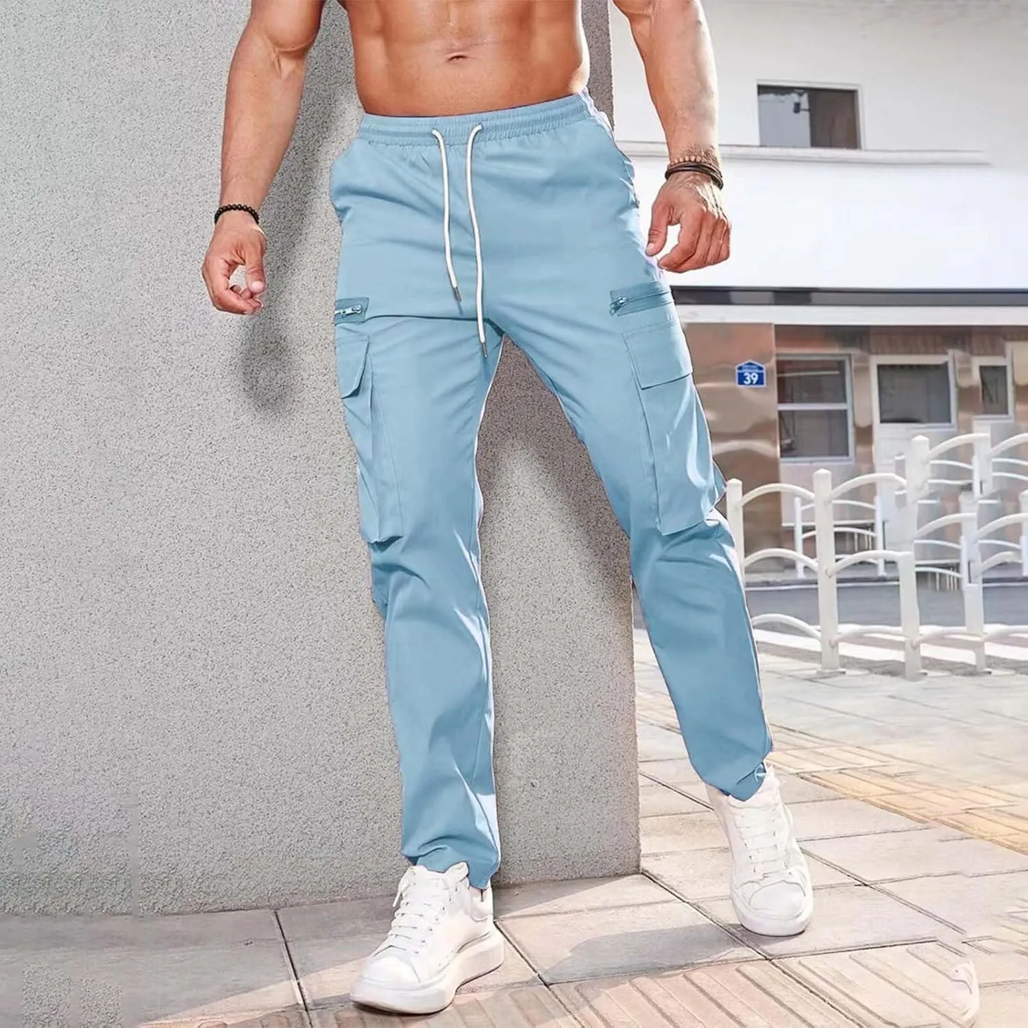 Mens Resort Wear 2025 Polyester Pants,Elastic Waist Drawstring Cargo Pants Lightweight Casual Summer Beach Trousers