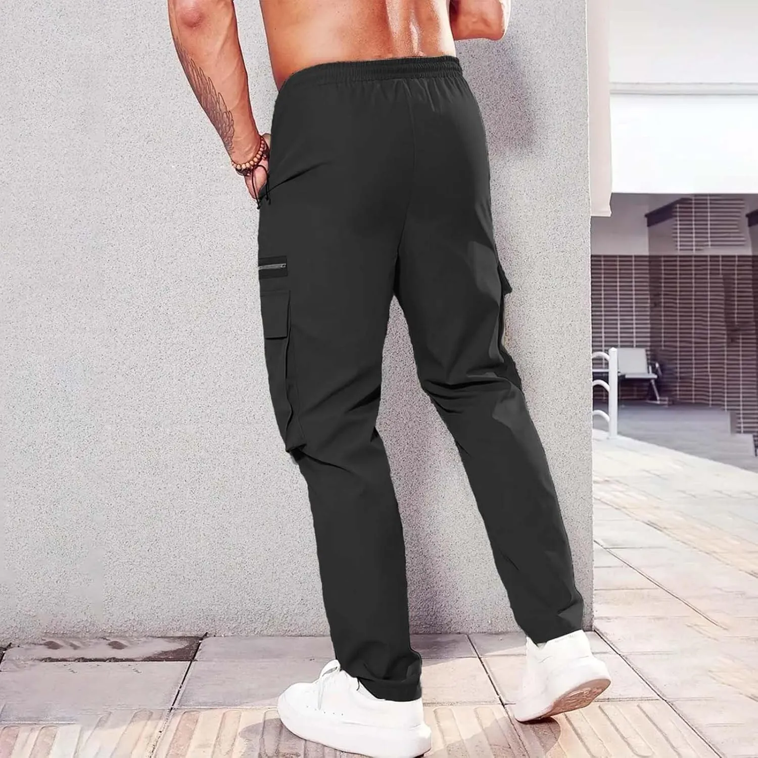 Mens Resort Wear 2025 Polyester Pants,Elastic Waist Drawstring Cargo Pants Lightweight Casual Summer Beach Trousers