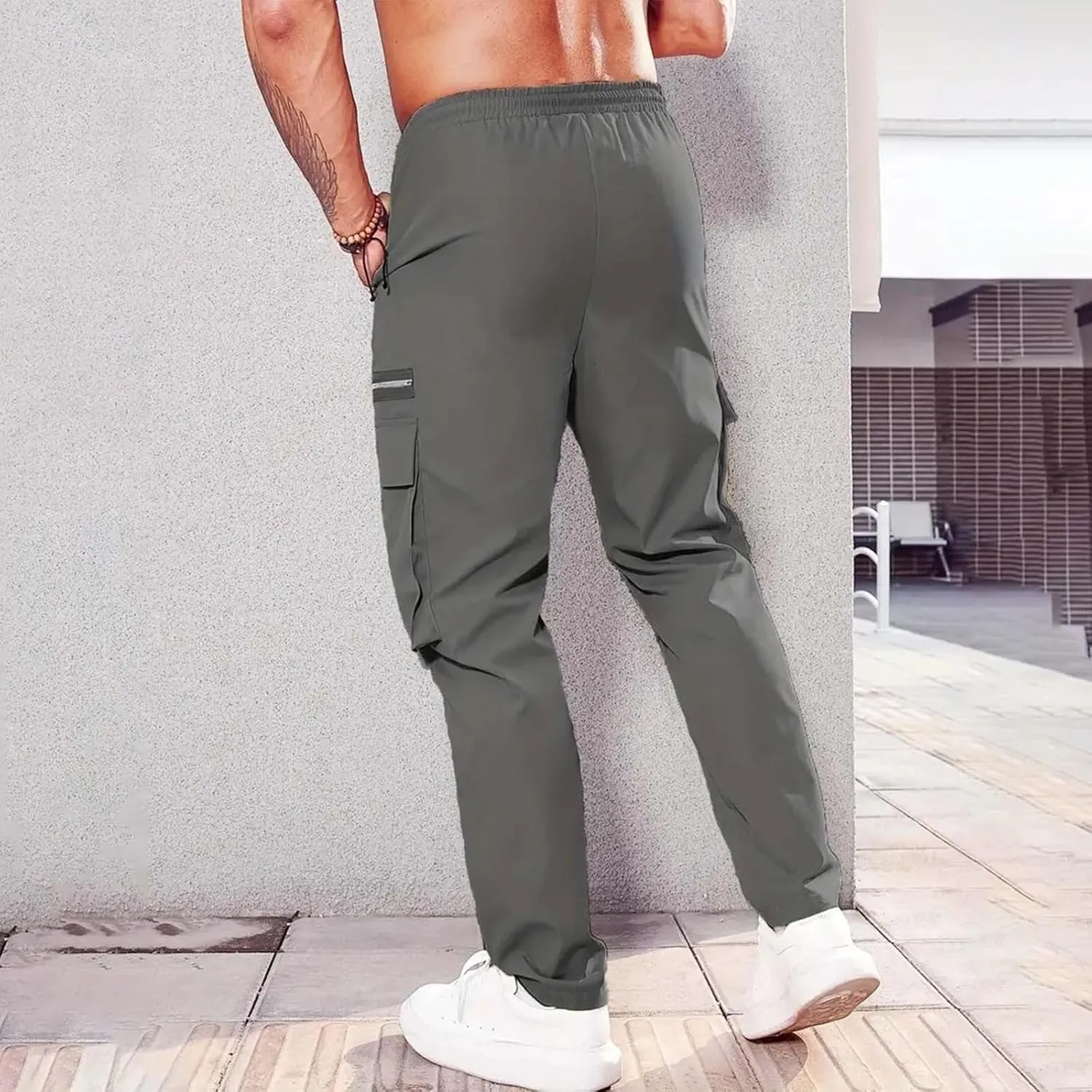 Mens Resort Wear 2025 Polyester Pants,Elastic Waist Drawstring Cargo Pants Lightweight Casual Summer Beach Trousers