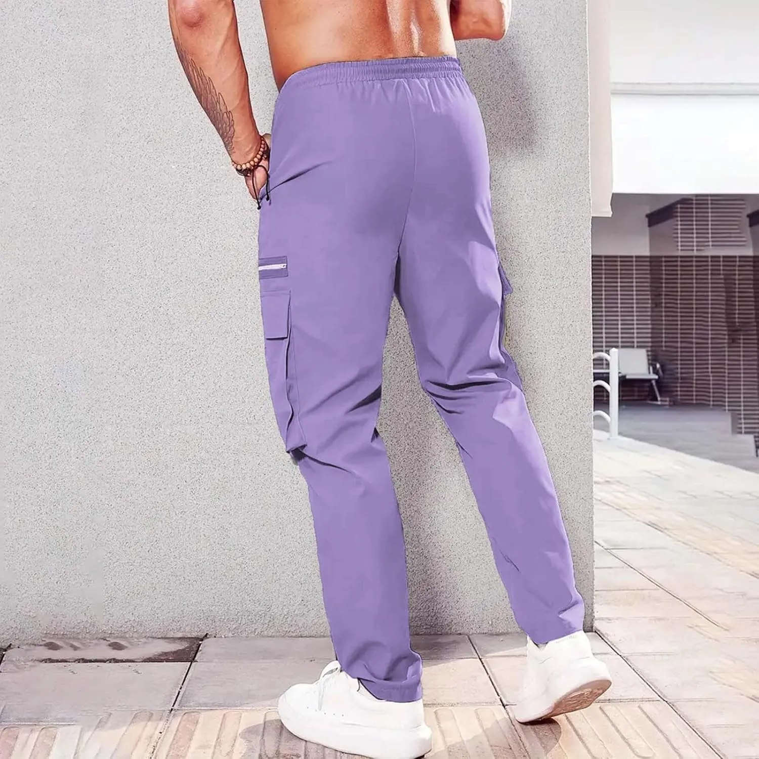 Mens Resort Wear 2025 Polyester Pants,Elastic Waist Drawstring Cargo Pants Lightweight Casual Summer Beach Trousers