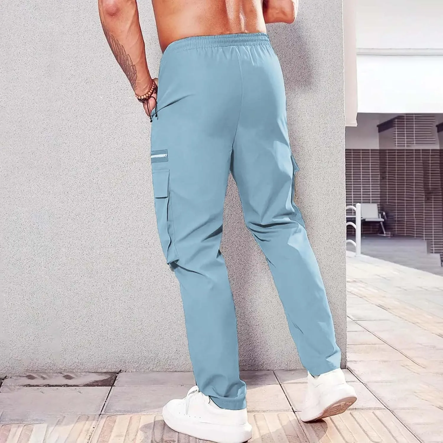 Mens Resort Wear 2025 Polyester Pants,Elastic Waist Drawstring Cargo Pants Lightweight Casual Summer Beach Trousers