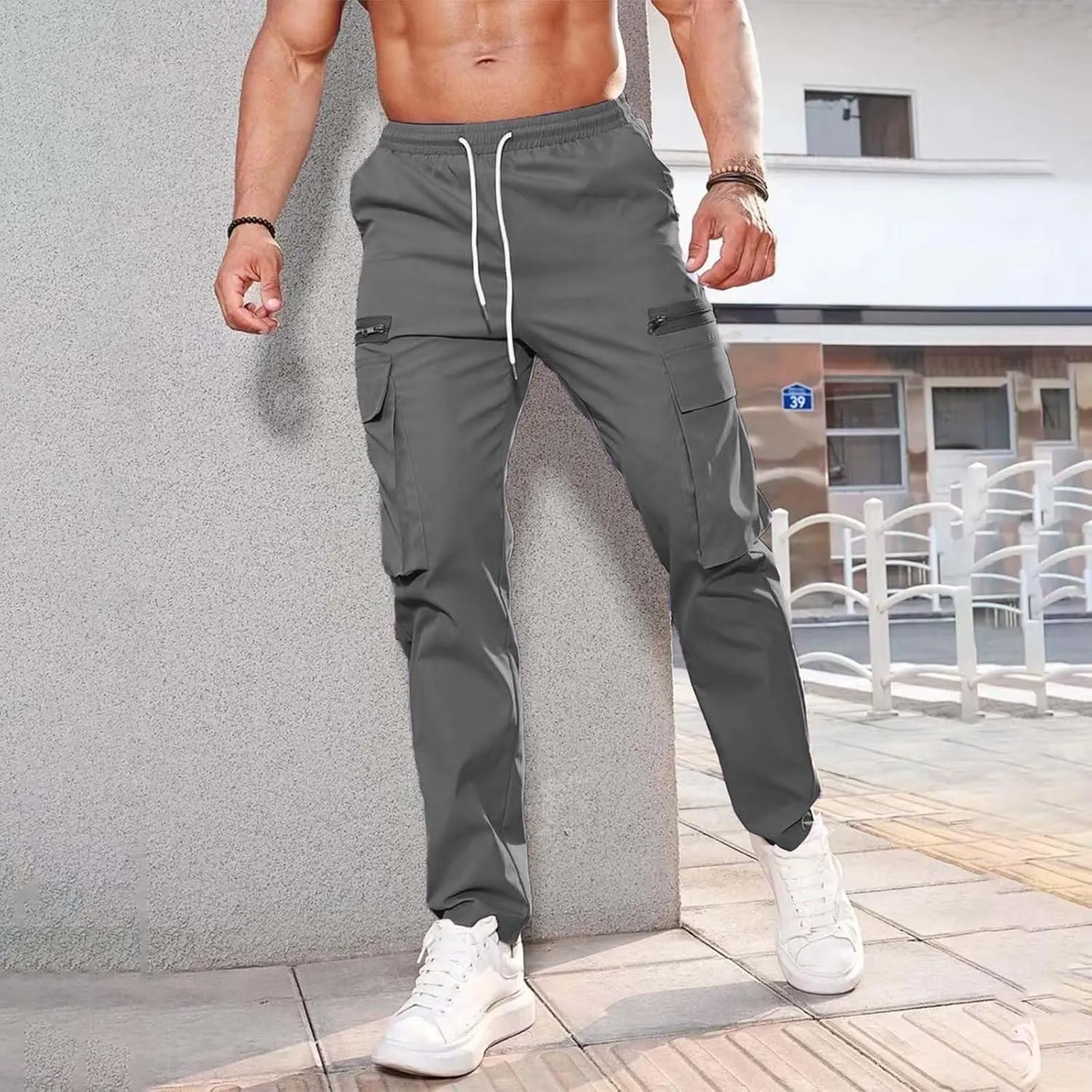 Mens Resort Wear 2025 Polyester Pants,Elastic Waist Drawstring Cargo Pants Lightweight Casual Summer Beach Trousers
