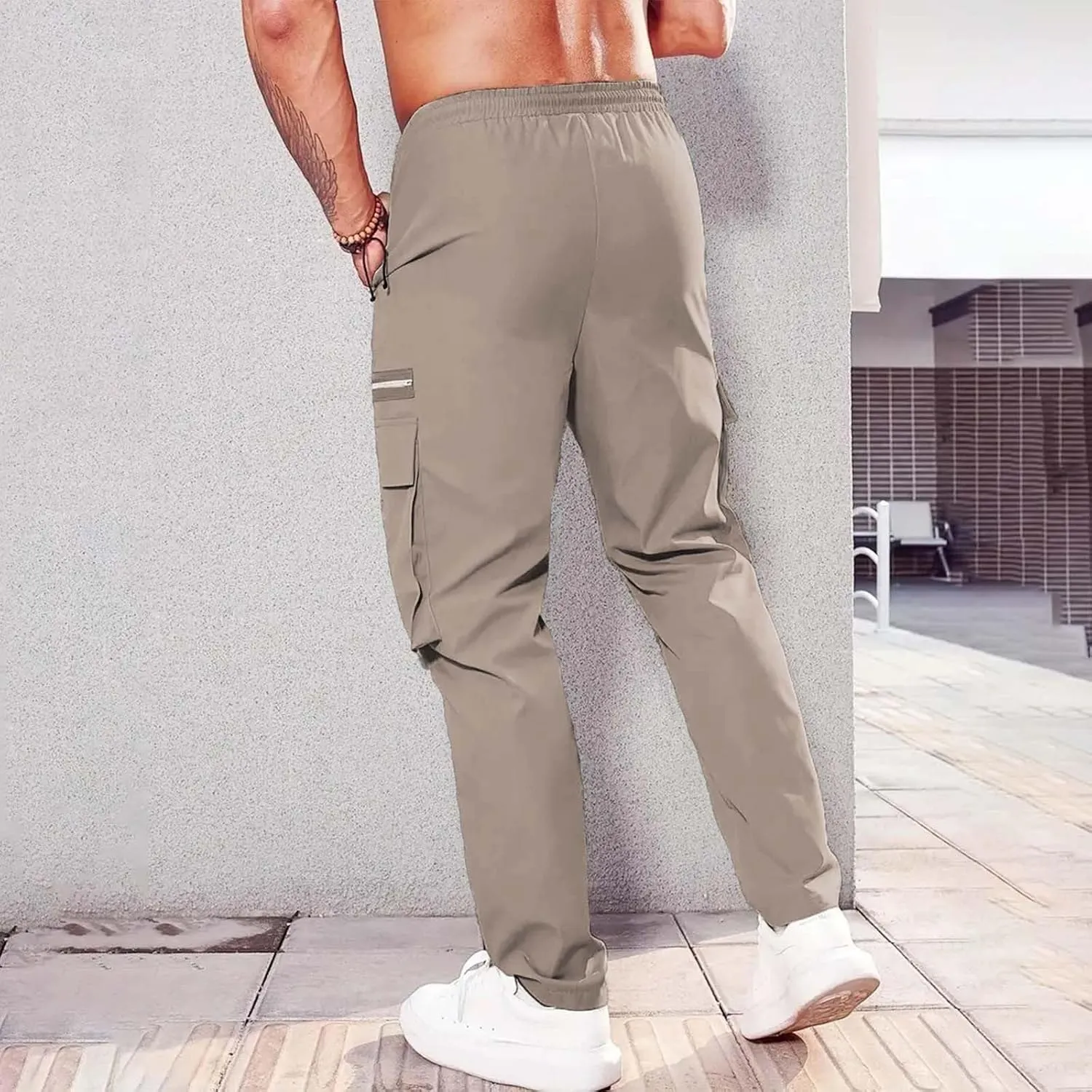 Mens Resort Wear 2025 Polyester Pants,Elastic Waist Drawstring Cargo Pants Lightweight Casual Summer Beach Trousers
