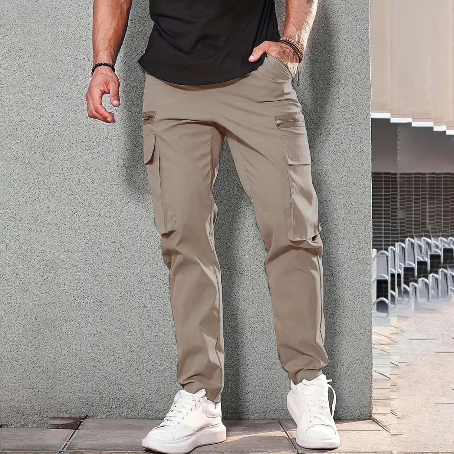 Mens Resort Wear 2025 Polyester Pants,Elastic Waist Drawstring Cargo Pants Lightweight Casual Summer Beach Trousers
