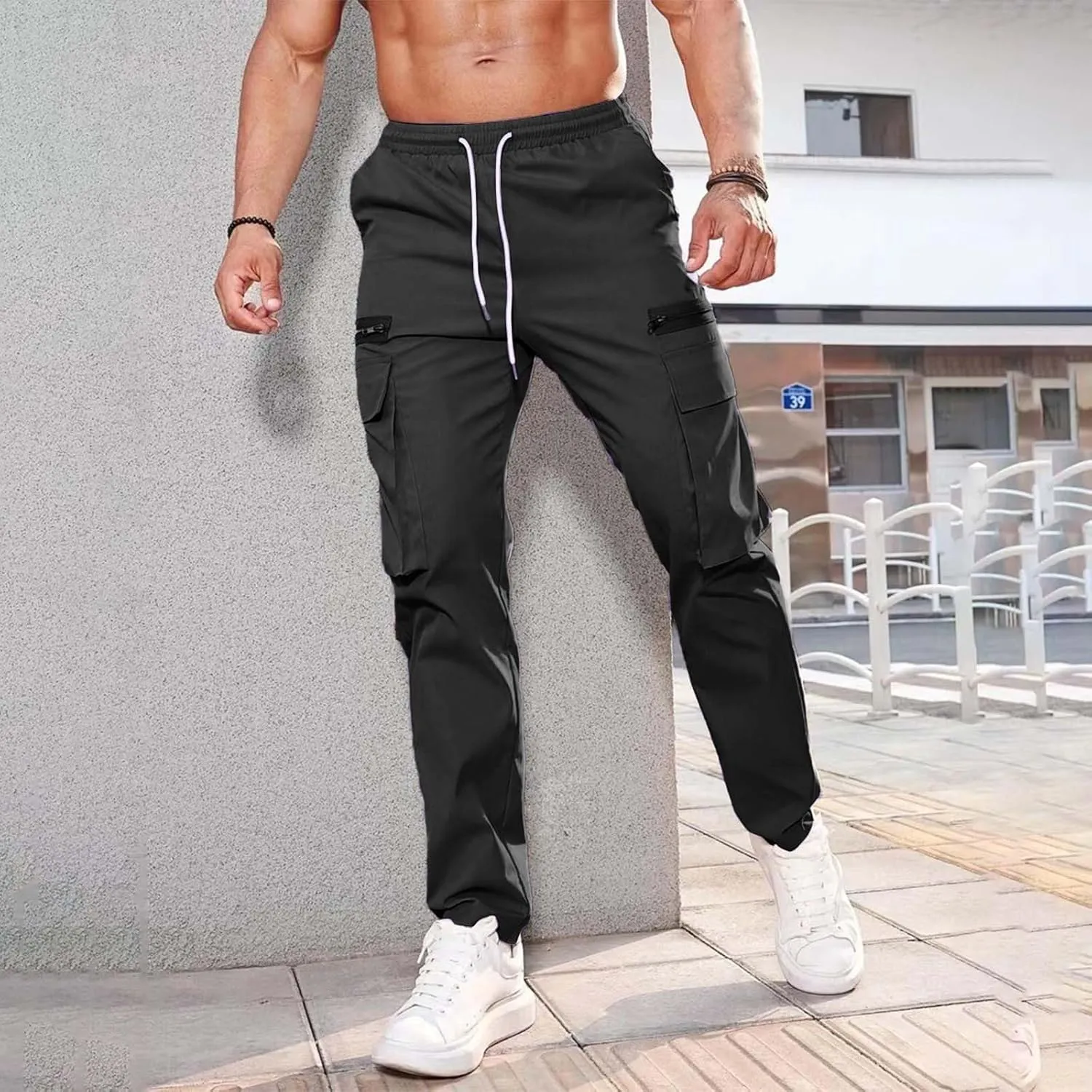 Mens Resort Wear 2025 Polyester Pants,Elastic Waist Drawstring Cargo Pants Lightweight Casual Summer Beach Trousers