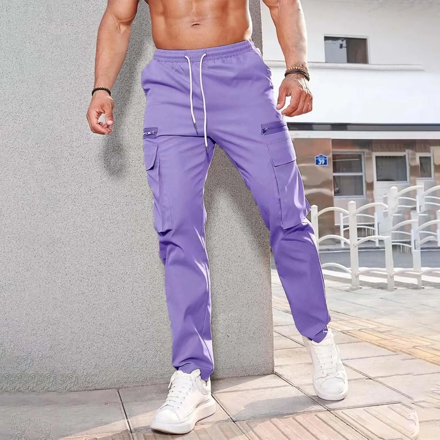 Mens Resort Wear 2025 Polyester Pants,Elastic Waist Drawstring Cargo Pants Lightweight Casual Summer Beach Trousers