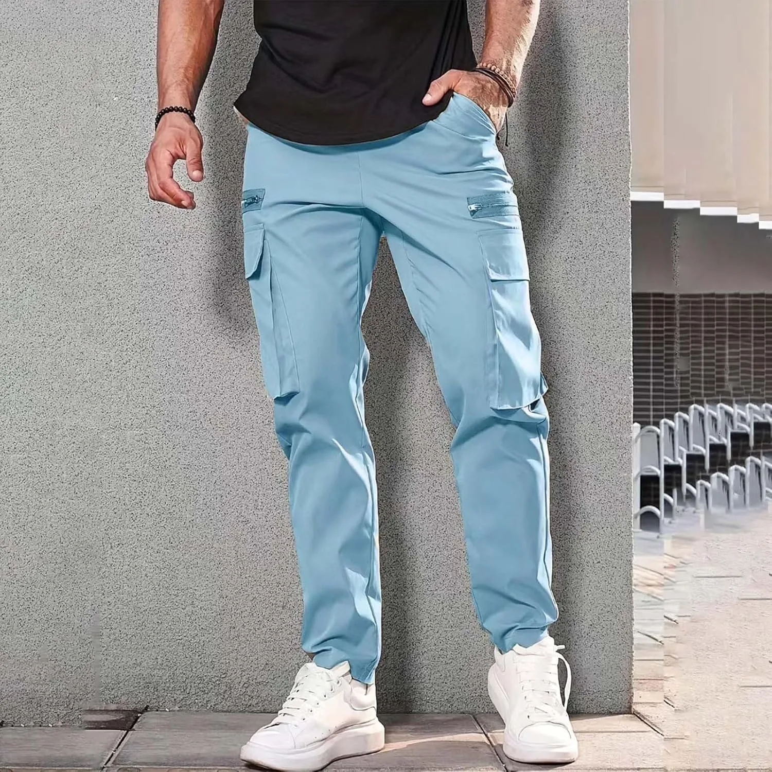Mens Resort Wear 2025 Polyester Pants,Elastic Waist Drawstring Cargo Pants Lightweight Casual Summer Beach Trousers