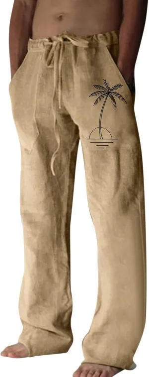 Mens Resort Wear Linen Pants Casual Drawstring Elastic Waist Straight-Legs Trouser Lightweight Summer Yoga Beach Pant