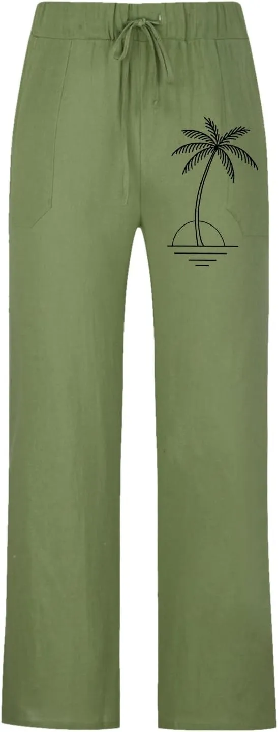 Mens Resort Wear Linen Pants Casual Drawstring Elastic Waist Straight-Legs Trouser Lightweight Summer Yoga Beach Pant