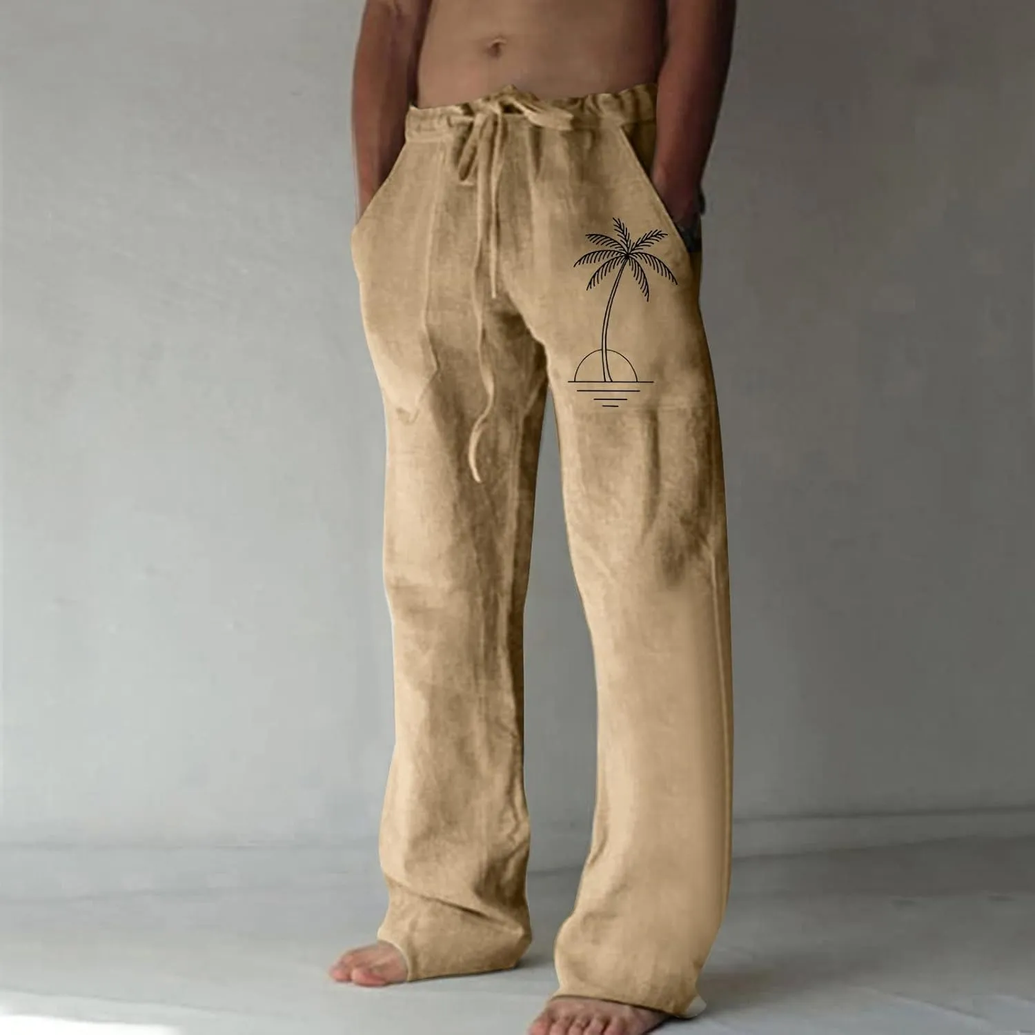 Mens Resort Wear Linen Pants Casual Drawstring Elastic Waist Straight-Legs Trouser Lightweight Summer Yoga Beach Pant