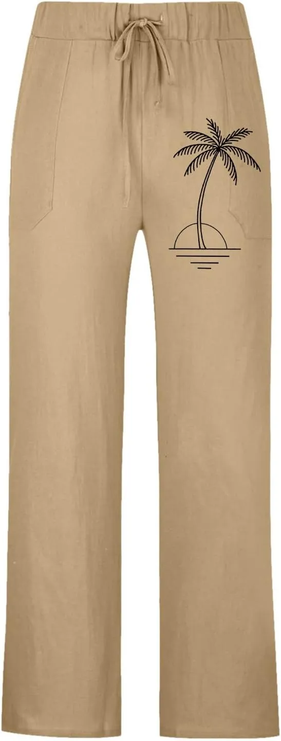Mens Resort Wear Linen Pants Casual Drawstring Elastic Waist Straight-Legs Trouser Lightweight Summer Yoga Beach Pant