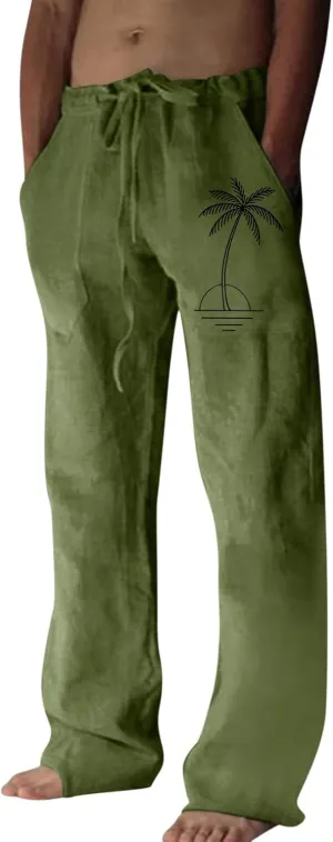Mens Resort Wear Linen Pants Casual Drawstring Elastic Waist Straight-Legs Trouser Lightweight Summer Yoga Beach Pant