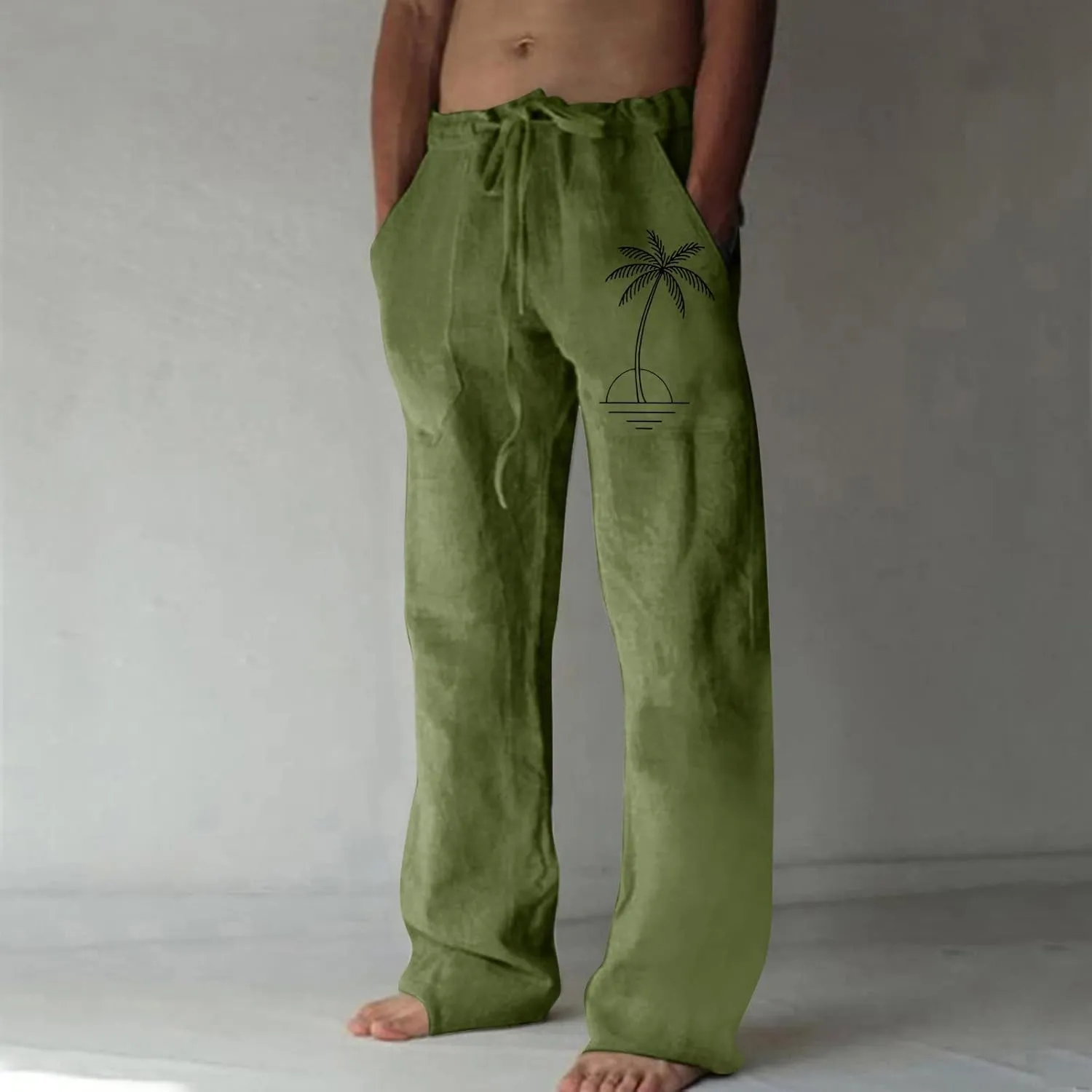 Mens Resort Wear Linen Pants Casual Drawstring Elastic Waist Straight-Legs Trouser Lightweight Summer Yoga Beach Pant