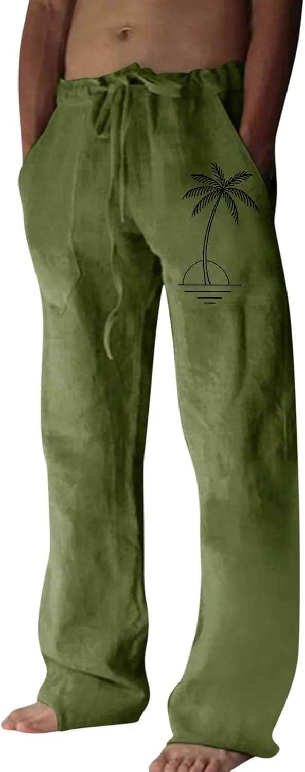 Mens Resort Wear Linen Pants Casual Drawstring Elastic Waist Straight-Legs Trouser Lightweight Summer Yoga Beach Pant