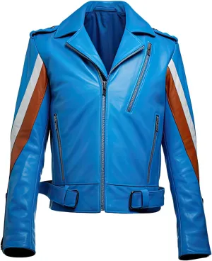 Men's Royal Blue Sheepskin Biker Jacket  Zip-Up Lapel Collar, Casual Moto Leather Style
