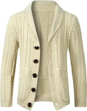 Mens Shawl Collar Cardigan Sweaters Button Down Open Front Knitwear Cable Knitted Ribbed Jackets Outwear Knit Sweater