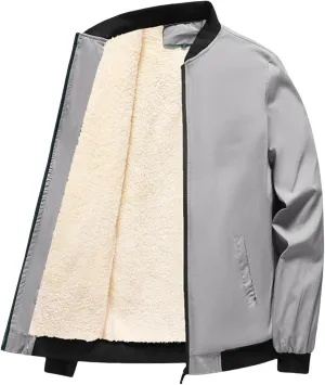 Mens Sherpa Lined Bomber Jacket Winter Heavyweight Zip Up Stand Collar Flight Jacket Windproof Softshell Windbreaker