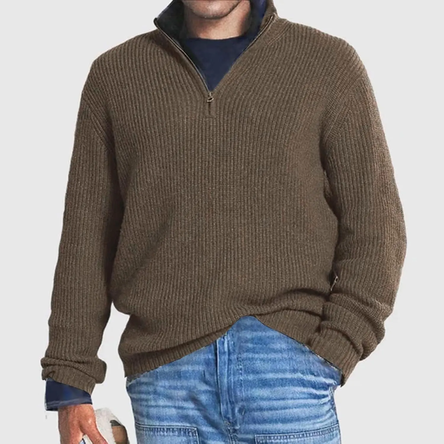 Men's Solid Rib Knit Sweater Quarter Zip Pullover Stand Collar V Neck Long Sleeve Top Lightweight Loose Sportwear