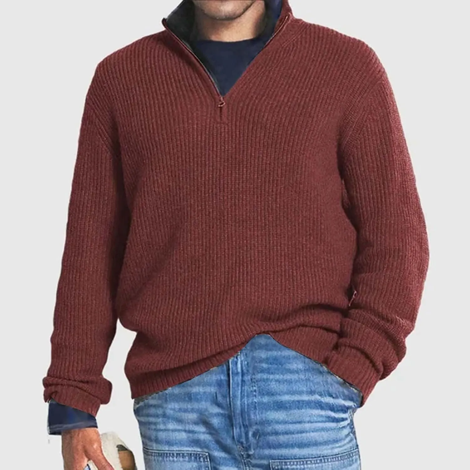 Men's Solid Rib Knit Sweater Quarter Zip Pullover Stand Collar V Neck Long Sleeve Top Lightweight Loose Sportwear