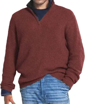 Men's Solid Rib Knit Sweater Quarter Zip Pullover Stand Collar V Neck Long Sleeve Top Lightweight Loose Sportwear