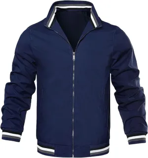 Men's Stand Collar Casual Bomber Jackets Full Zip Up Windproof Varsity Jacket Lightweight Sportwear Cardigan Coat